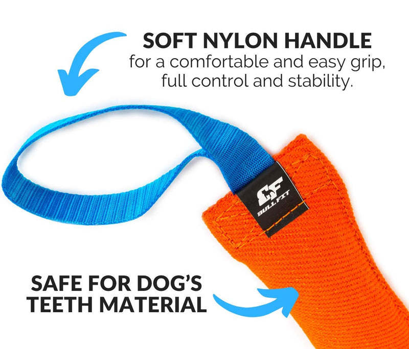 K9 Dog Bite Tug Toy - Made of Durable & Tear-Resistant French Linen - Perfect for Tug of War, Fetch & Puppy Training - Ideal for Medium to Large Dogs - Tough Pull Toy with Strong Handle & Stitching Orange Bite Tug with Blue Handle - PawsPlanet Australia