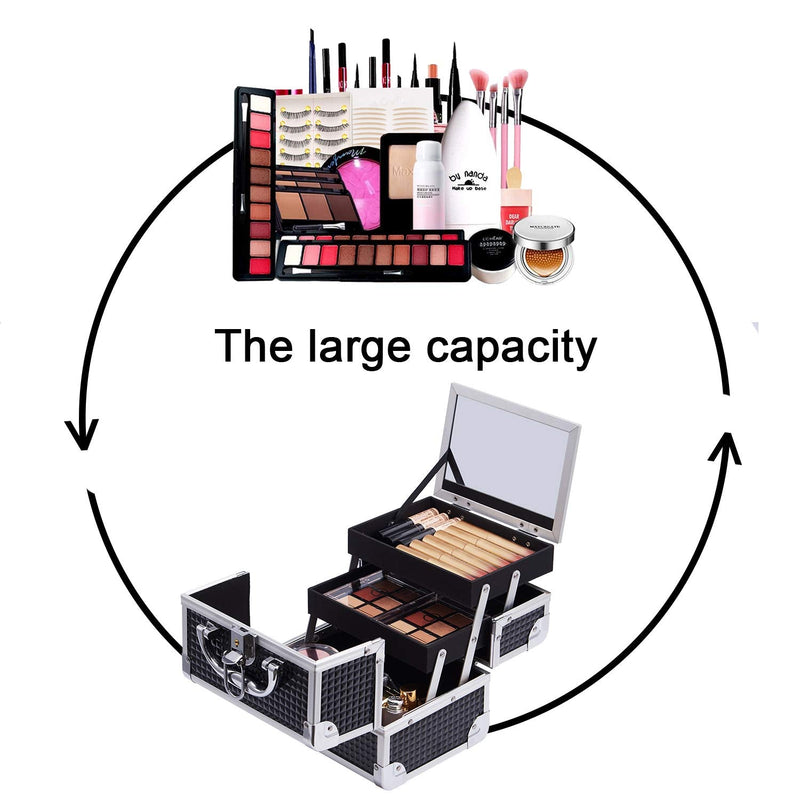 Joligrace Girls Makeup Box with Mirror Vanity Case Jewelry Organiser Nail Box Cosmetic Case Light Weight, 2 Trays Lockable with Keys (Black) Black - PawsPlanet Australia