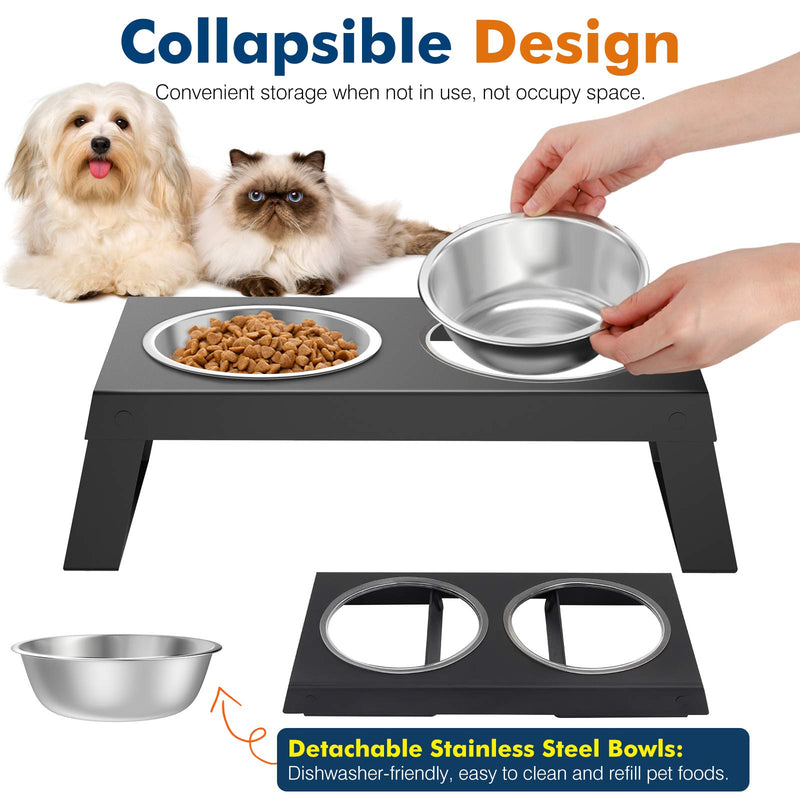 VavoPaw Elevated Dog Bowls, Dog Cat Foldable Raised Stand Feeder with Double Stainless Steel Bowls(14.5fl oz/430ml), Detachable Elevated Food & Water Dish for Cats, Puppy and Small Dogs, Black Double Bowl - PawsPlanet Australia