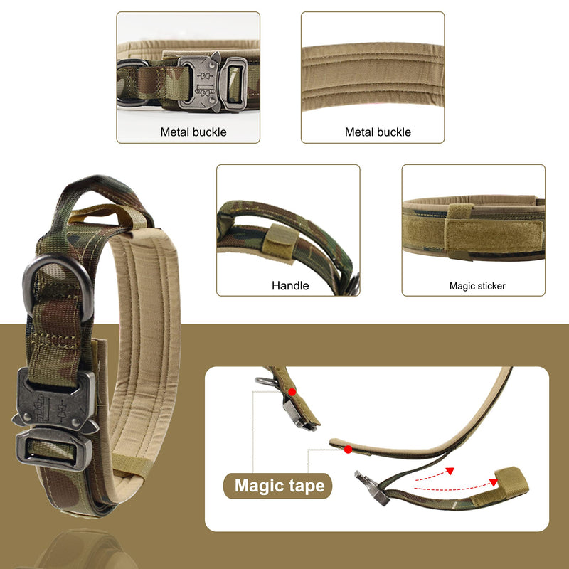 VOLJEE Adjustable Tactical Dog Collar, Military Training Dog Collar 1.5" Width Nylon Heavy Duty Metal Buckle with Handle for Medium and Large Dogs (Camo-L) L Camo - PawsPlanet Australia