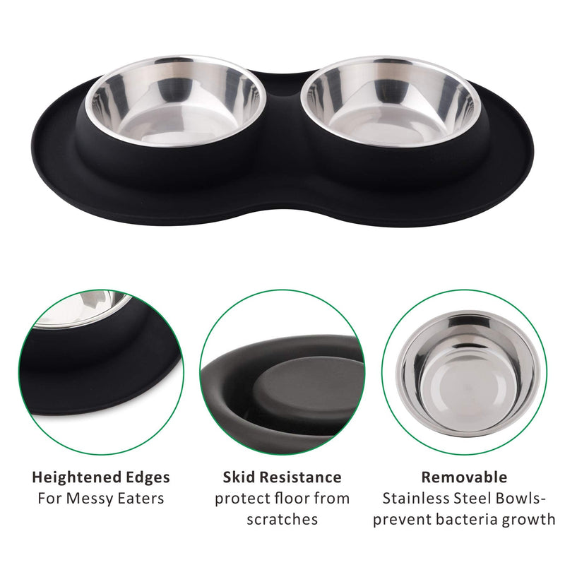 Roysili Double Dog Bowl Pet Feeding Station, Stainless Steel Water and Food Bowls with Non Skid Non Spill Silicone Mat, Premium Quality Dog Bowl Holder for Small Medium Dogs Cats Puppy (Small, Black) - PawsPlanet Australia