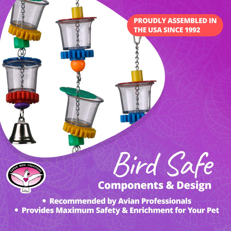 [Australia] - Super Bird Creations SB632 Foraging Bottom’S Up Bird Toy with Clear Acrylic Cups & Ringing Bell, Medium To Large Size, 18” x 2.5” 