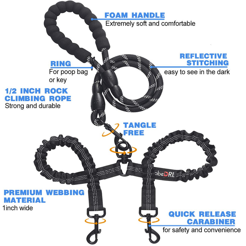 [Australia] - tobeDRI Comfortable Dual Dog Leash Tangle Free with Shock Absorbing Bungee Reflective 2 Dog Leashes for Large Medium Small Dogs Black 25-100 lbs 