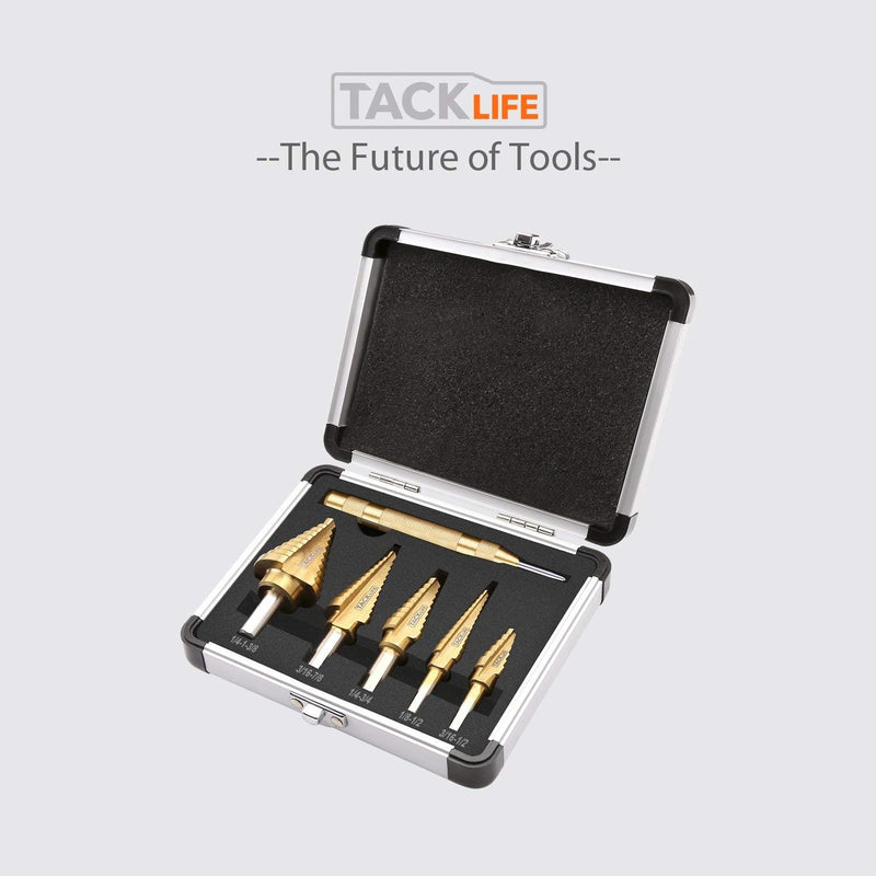 TACKLIFE 5PCS Titanium Step Drill Bit Set & Automatic Center Punch,PDH06A, High Speed Steel Drill Bit Set, 50 Sizes, Double Cutting Blades Design, Aluminum Case - PawsPlanet Australia