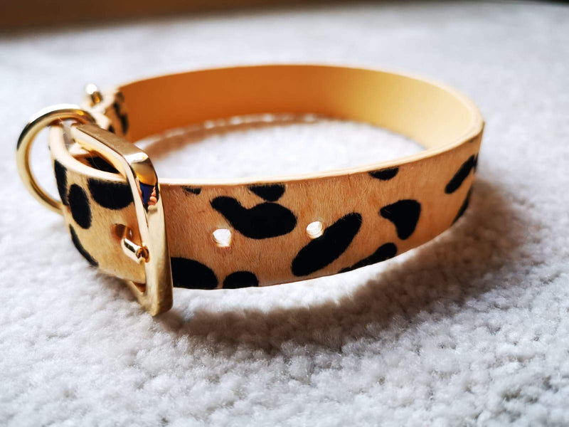 Luxury cream leather dog collar with black animal print (Medium 46cm) Medium 46cm - PawsPlanet Australia