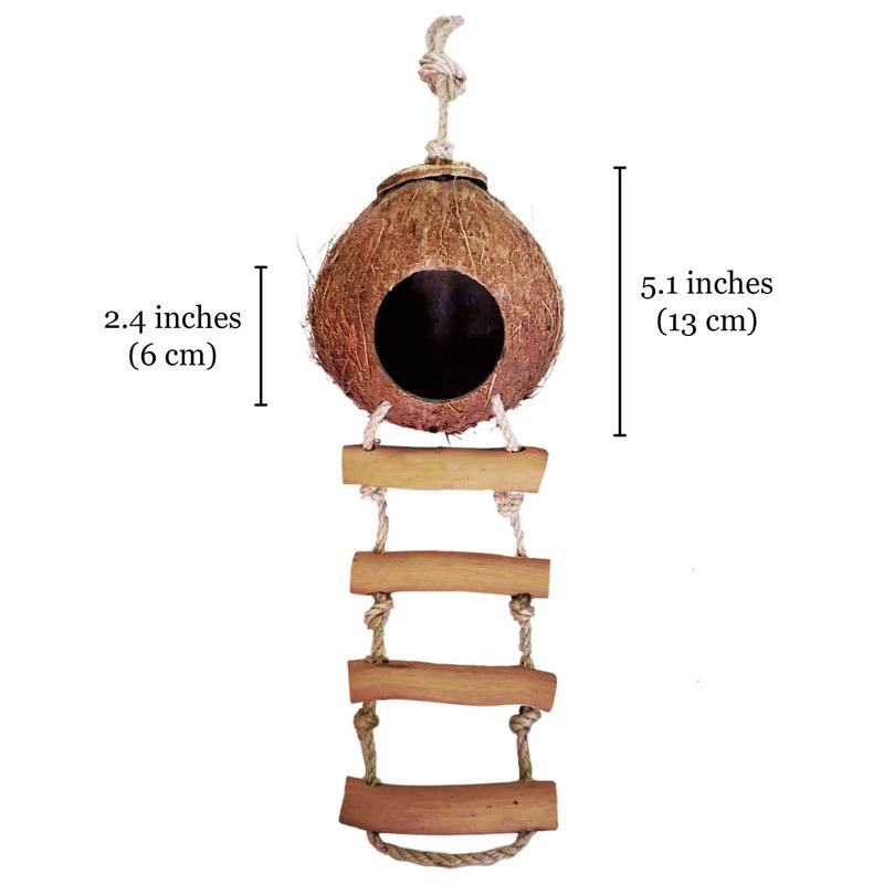 Meric Bird House with Ladder, Coco Texture Encourage Foot and Beak Exercise, Mini Condo for Avians, 100% Raw Coconut Husk - Durable Habitat with Hanging Loop Nesting Home and Bird Feeder - PawsPlanet Australia