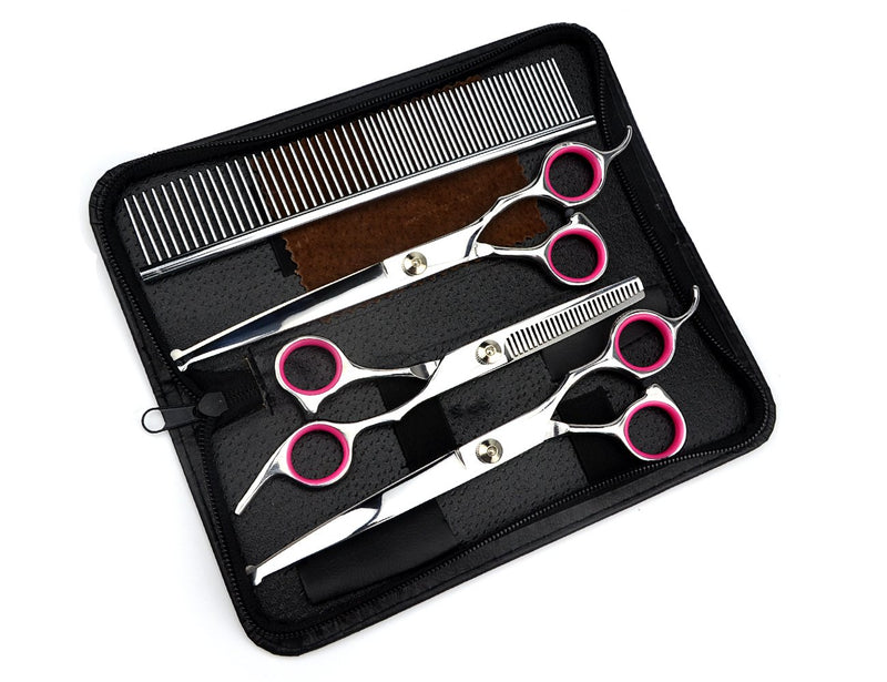 [Australia] - LILYS PET 7.0"/7.5" Round-TIP Safety Professional Stainless Steel PET Dog Cat Grooming Scissors Set,Pink Ring, Cutting&Curved&Thinning Shears Set 3+1 PCS 7.0" 