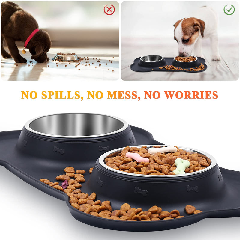 VIVAGLORY Small Dog Bowls Stainless Steel Cat Puppy Water and Food Bowl with Non-Spill Skid Resistant Silicone Mat, 200ml Each, Black S (for Puppies) - PawsPlanet Australia