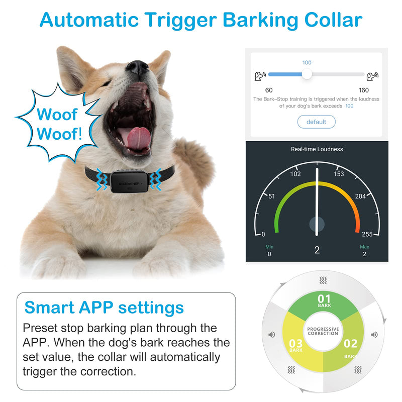 Dr.Trainer Bark Collar for Dogs, Work with Phone & Watch APP, No Shock Dog Bark Collar with Adjustable Sound & Vibration, Waterproof Rechargeable Dog Collar for 8-130lbs Dog - PawsPlanet Australia