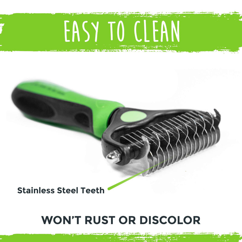 Mighty Paw Dog Grooming Rake | Dematting Pet Comb with Dual-Sided Stainless Steel Rounded Teeth. Safe Tool for Detangling, Thinning, & Deshedding All Hair Types. Ergonomic Handle for Comfort Green - PawsPlanet Australia