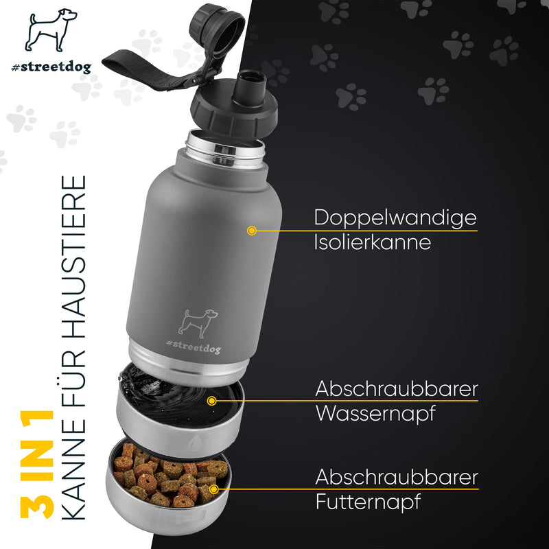 #streetdog Stainless steel dog bottle 3 in 1 with travel bowls, double-walled dog drinking bottle for on the go BPA-free - PawsPlanet Australia