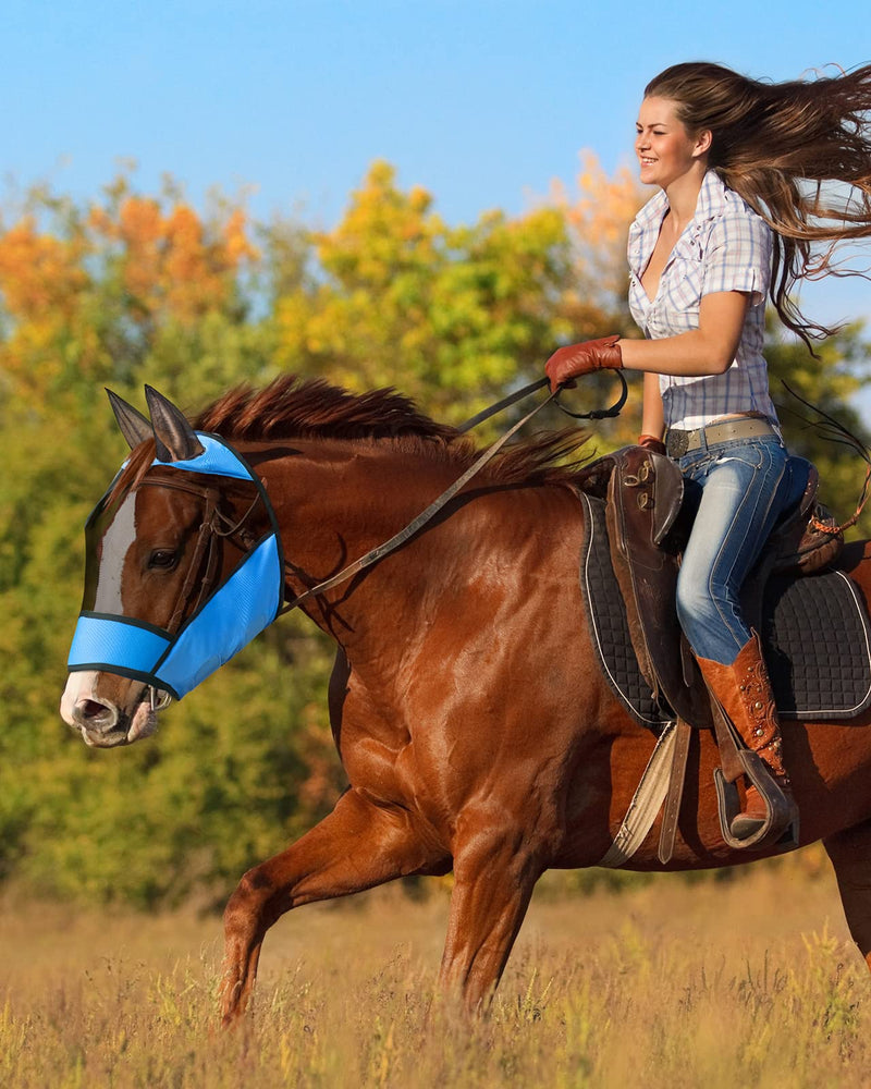 Petbank Horse Fly Mask UV Protection Horse Fly Mask with Ear Net/Forelock Hole/Reflective Trim Stretchy Fly Mask for Horse Breathable Fine Mesh/Eye Dart/Hook and Loop (Blue, L) Blue - PawsPlanet Australia