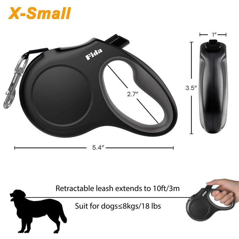 Fida Retractable Dog Leash with Dispenser and Poop Bags for X-Small/Small/Medium/Large Breed, 16 ft Heavy Duty Pet Walking Leash, Anti-Slip Soft Handle, Reflective Strong Nylon Tape, One-Handed Brake X-Small, 10ft Black - PawsPlanet Australia