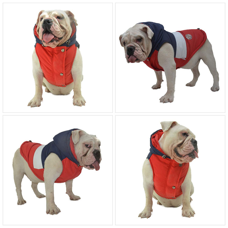 Lovelonglong Waterproof Hooded Dog Jacket for Winter, Windproof Snow-Proof Outdoor Sports Dog Coat with Warm Cotton Lining and Neck Leash Hole for Large Medium Small Dog, Smooth Alloy Zipper XL (medium dog -30lbs) Navy-White-Red - PawsPlanet Australia