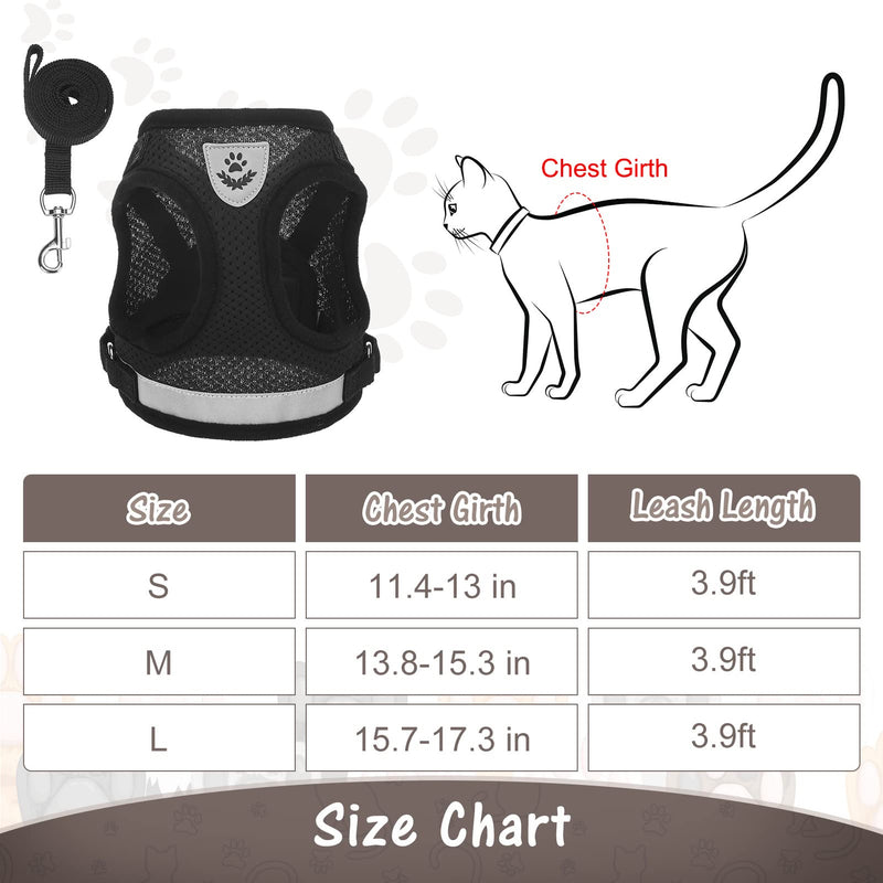TAILGOO Cat Harness and Leash Escape Proof Set - Soft Breathable Mesh Kitty Vest with Reflective Strip and Durable Leash for Small Medium Kitten Daily Outdoor Walking S - Chest 11.4-13in Leash 3.9ft Black - PawsPlanet Australia