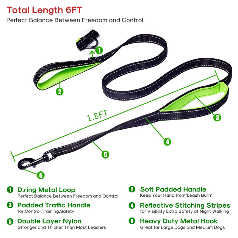 [Australia] - yipet 5FT Dog Leash Heavy Duty Rope Leash with Double Dual Soft Padded Handle Pet Training Lead with Reflective Belt for Traffic Control Safety Perfect for Medium and Large Dogs BlackGreen 