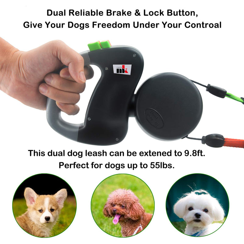 Double Retractable Dog Leash Makife Dual Doggie Pet Leash Dog Leash Automatic Dog Retractable Leash, Retractable 3m Suitable for Small and Medium Dogs Hiking Jogging 15pcs Dog Poop Bags - PawsPlanet Australia