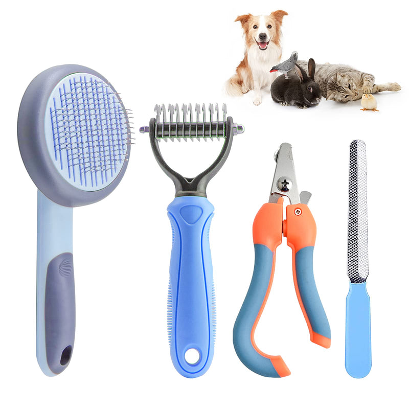 Dog Brush for Shedding Dog Grooming Kit - Double Sided Shedding Undercoat Rake Comb for Dogs, Cat Brush for Long Haired Nail Clipper & File Dematting, 4 Pieces Undercoat Brush for dogs Cat Rabbit (Blue) Blue - PawsPlanet Australia