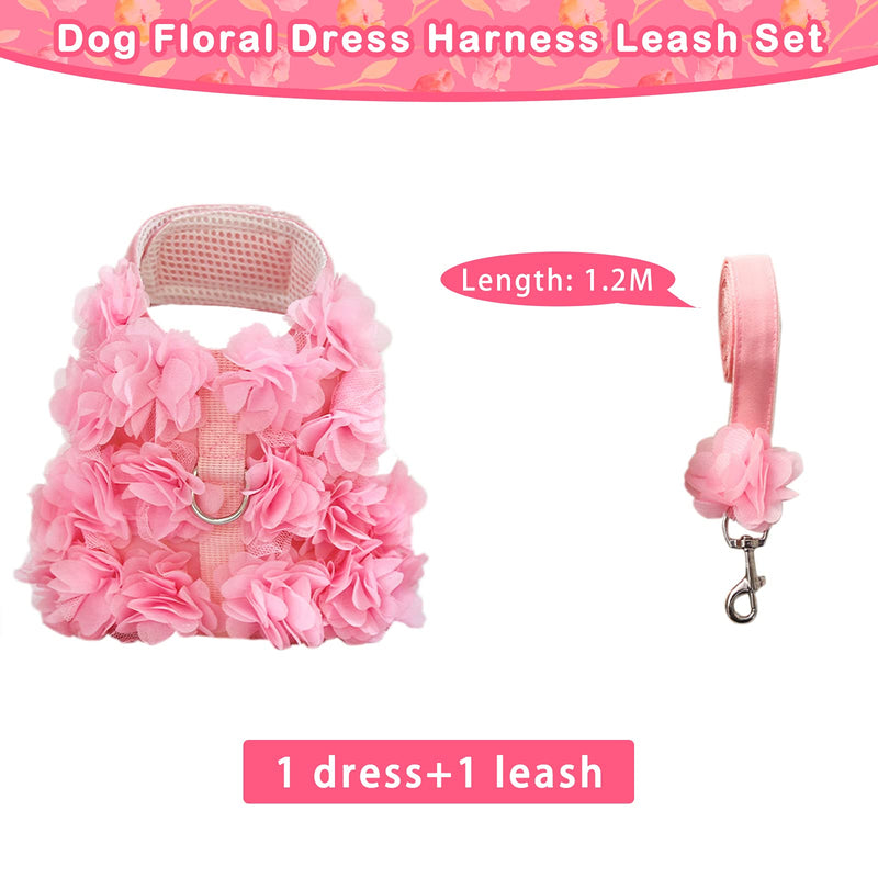 Dog Dress Harness Vest with Leash, Pet Flower Outfit Harness Spring Summer Autumn Winter, Puppy Walk Princess Skirt for Small Medium Dogs Girl, Escape Proof Doggy Outdoor Harness for Cats Small Dogs S Pink - PawsPlanet Australia