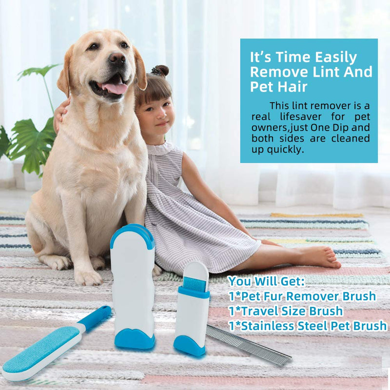 WOVTE Pet Hair Fur Remover Brush with Self Cleaning Base for Dogs and Cats, Stainless Steel Pet Comb, Travel-sized Lint Roller for Furniture Carpet Bedding Sofa & Clothes - PawsPlanet Australia