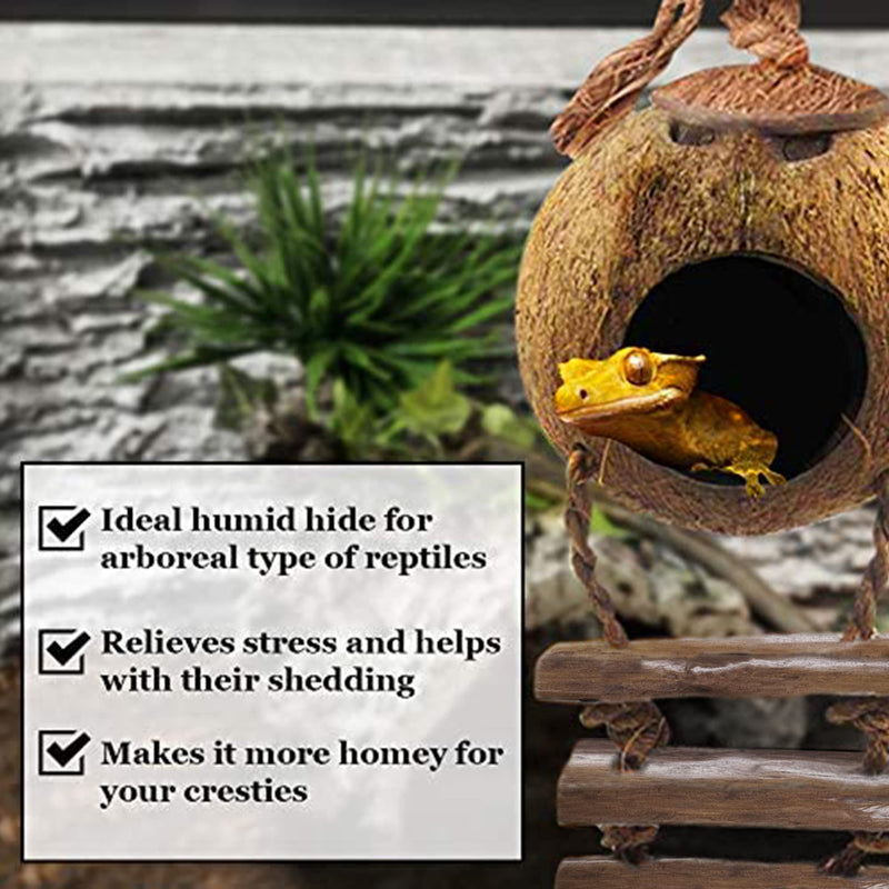 SunGrow Leopard Gecko Coconut Husk Hut with Ladder, 5” Diameter, 2.5” Shell Opening, Cave Habitat with Hanging Loop, 1 Pc per Pack - PawsPlanet Australia