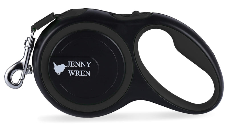 Jenny Wren Tangle-Free, Retractable Dog Lead with Anti-Slip Handle; 5M / 16FT Black Strong Nylon Tape/Ribbon; One-Handed Brake, Pause, Lock Black 16 FT / 5 Meter - PawsPlanet Australia