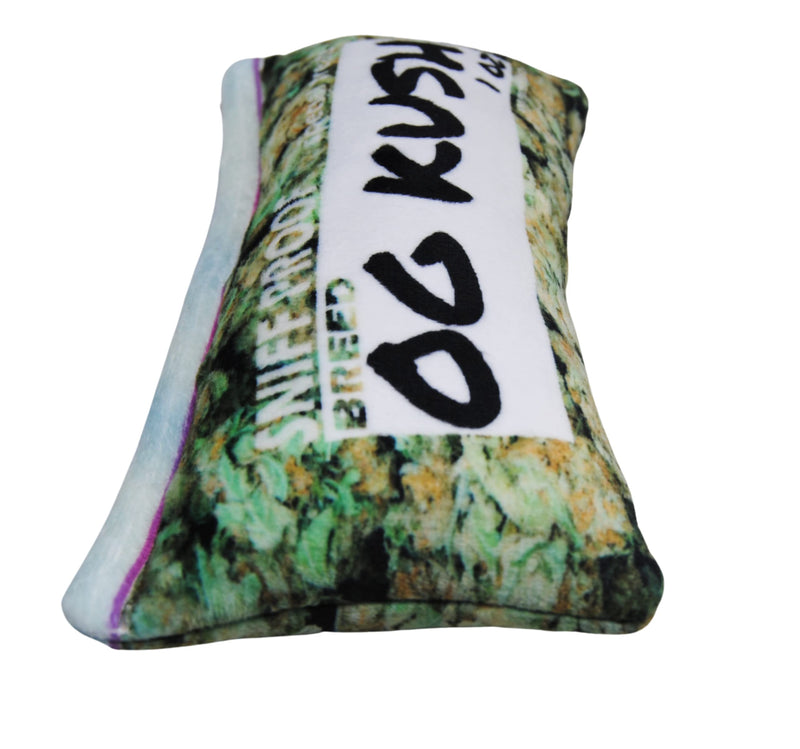 Bag-O-Weed OG Kush Ounce of Weed Parody Zip Bag - Plush Dog Toy with Squeaker- Funny Print Pet Chew Toy Gift for Small Medium and Large Dogs - PawsPlanet Australia