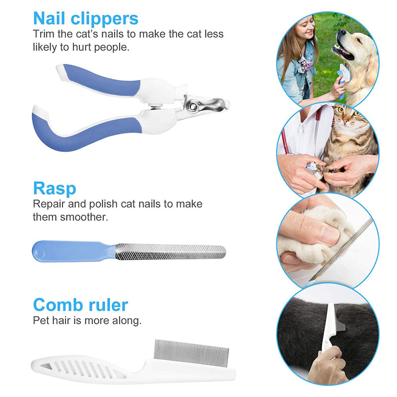 Cat Hair Brush Set, Soft Grooming Shedding Massage Brush for Cat and Dog with One Click Hair Removal Function, Including Cat Nail Clippers, Files, Hair Combs Set (Blue) Blue - PawsPlanet Australia