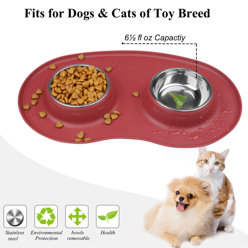 Vivaglory Dog Bowls Set with Double Stainless Steel Feeder Bowls and Wider Non Skid Spill Proof Silicone Mat for Cats Puppies Dogs 6½ oz ea. Burgundy - PawsPlanet Australia