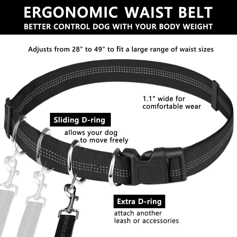 LANNEY Hands Free Dog Leash for Running Walking Jogging Training Hiking, Retractable Bungee Dog Running Waist Leash for Medium to Large Dogs, Adjustable Waist Belt, Reflective Stitches, Dual Handle Black and Gray for 2 Dogs (Detachable Pouch) - PawsPlanet Australia