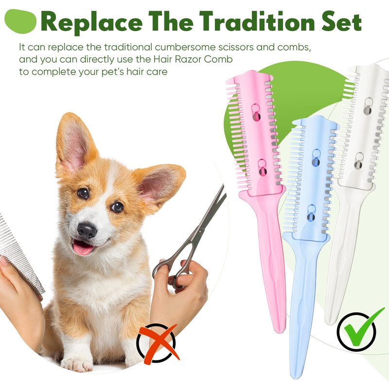 3 Pieces Pet Dog Cat Razor Comb with 15 Pieces Razors Hair Cutter Comb Cutting Scissors Hair Trimmer Comb Grooming Dog Cat Double Edge Razor for Dogs, Pink, Blue, Beige, Black( Sent at Random) - PawsPlanet Australia