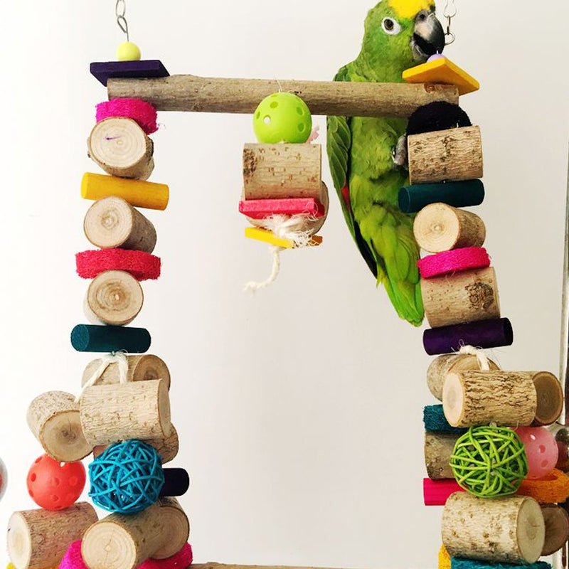 [Australia] - Bonaweite Bird Chewing Swing Toy with Colorful Rattan Balls and Natural Dyed Wooden Blocks for Small, Medium & Large Parrots,Metal Hook to Easily Place onto The Bird Cage or Bird Stand Playground 