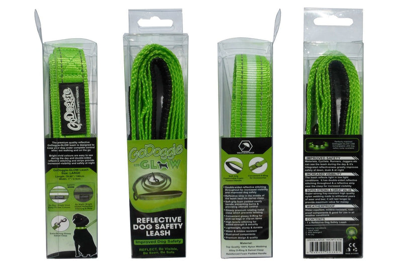 GoDoggie Reflective Dog Lead, Improved Dog Visibility & Safety, Reflective Stitching & Strips, Foam-Padded Comfy Handle, D-Ring, Premium Quality Components, Lifetime Guarantee, GREEN LARGE - PawsPlanet Australia