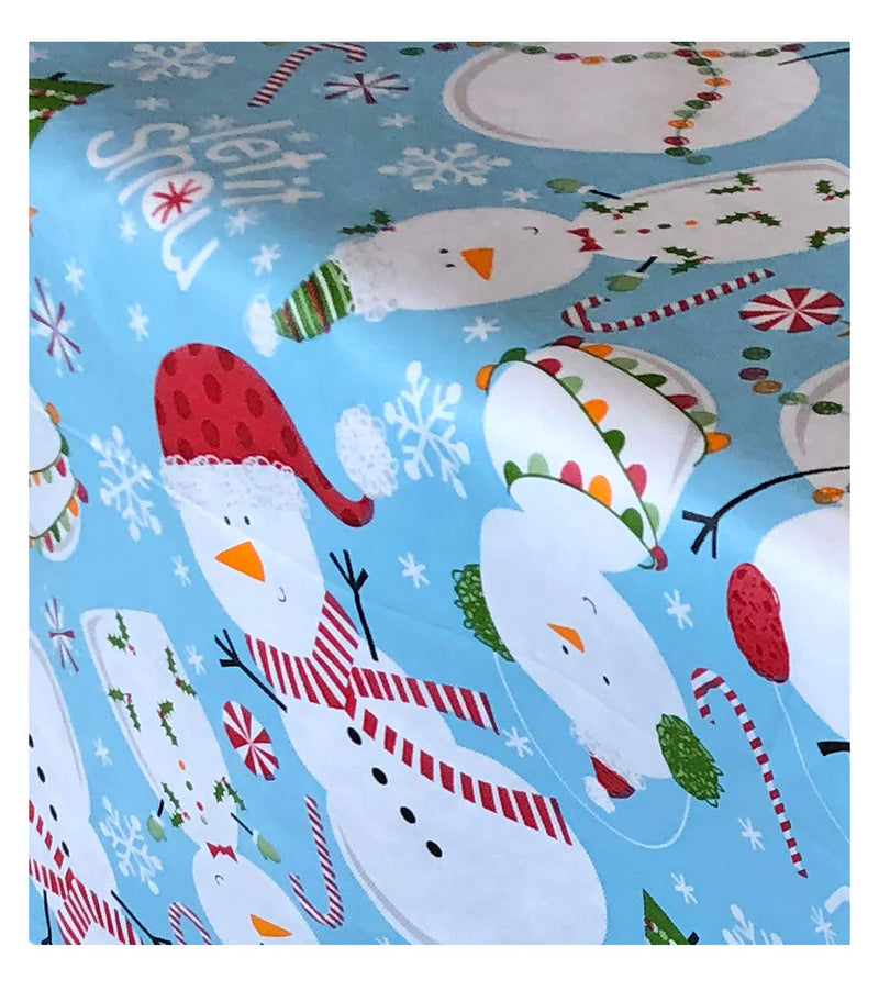 Newbridge Let It Snow Blue Snowman Christmas Print Vinyl Flannel Backed Tablecloth, Winter Snowmen Xmas Tablecloth, (60 Inch x 84 Inch Oval) 60" x 84" Oval - PawsPlanet Australia