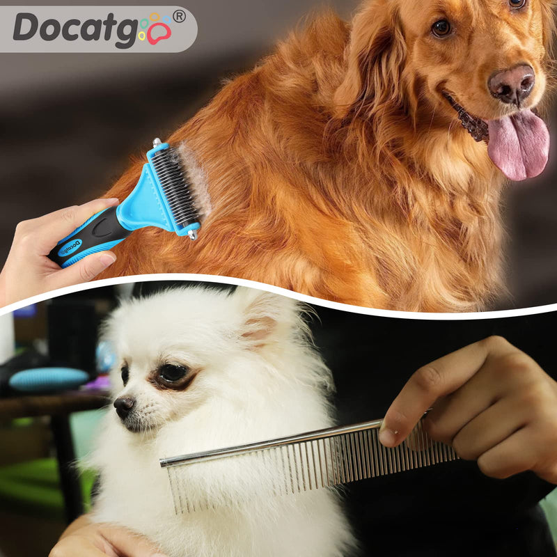 Docatgo dog brush for long hair, dog brush, cat brush, 2 in 1 dog brush for undercoat, dog comb, cat comb, rake comb for medium long hair, easy to remove undercoat and tangles, blue - PawsPlanet Australia