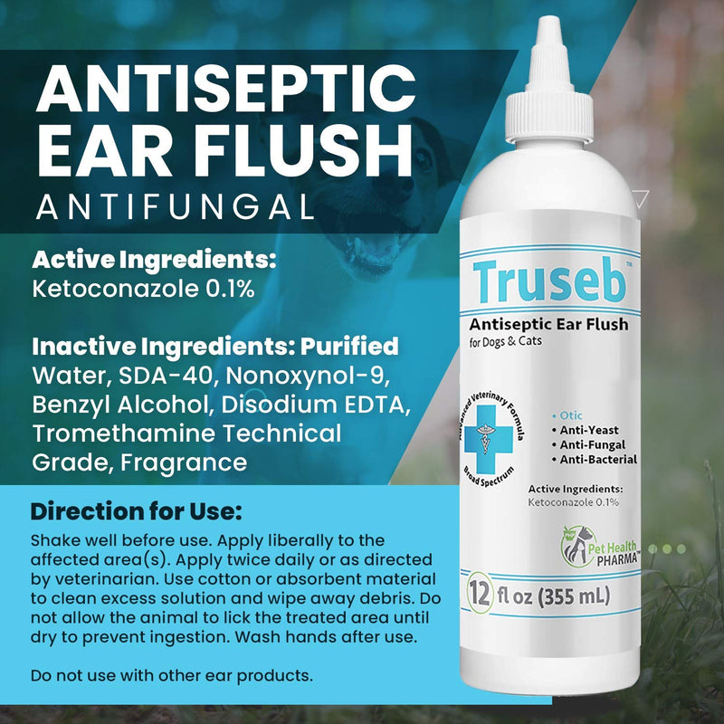Pet Health Pharma Truseb| #1 Ear Cleaner Flush Dog and Cat Ear Infection Treatment – Ear Cleaner Flush Solves, Head Shaking, Discharge & Smelly Ears Due to KETOCONAZOL 0.1% 12 Oz - PawsPlanet Australia