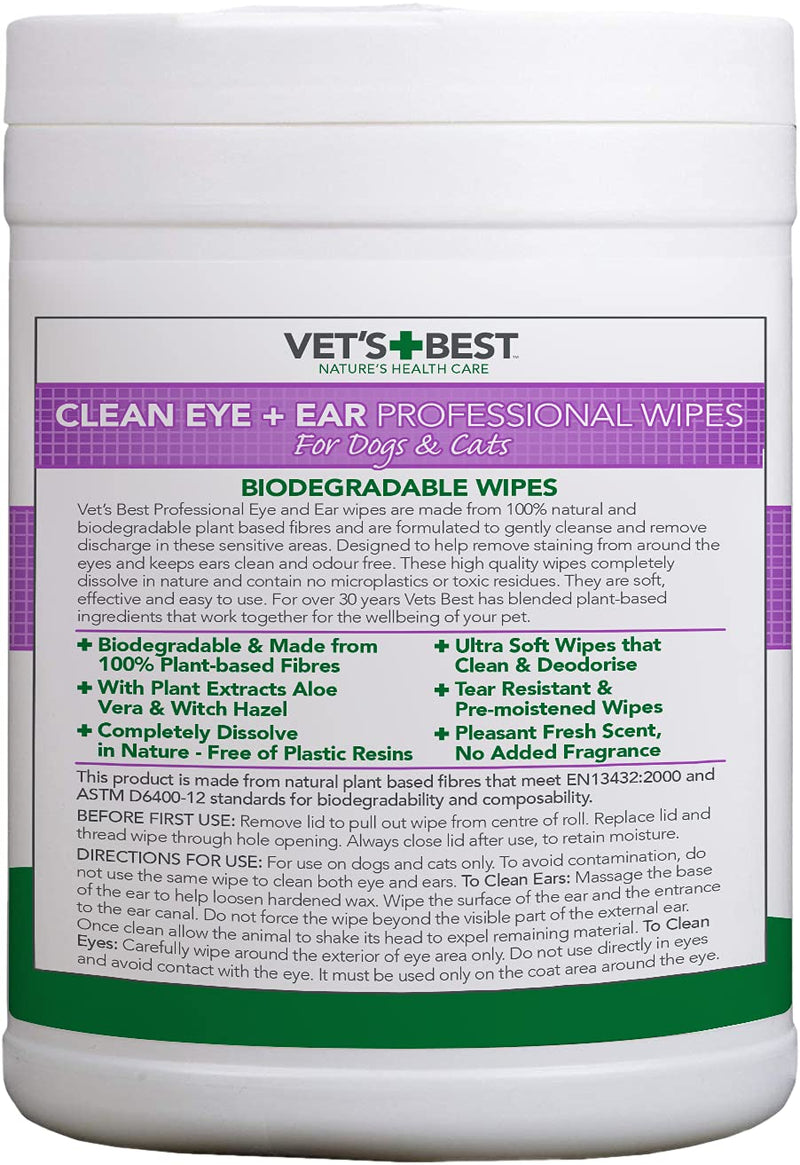 Vet's Best Clean Eye and Ear Biodegradable Professional Wipes for Dogs and Cats, Pack of 160 - PawsPlanet Australia