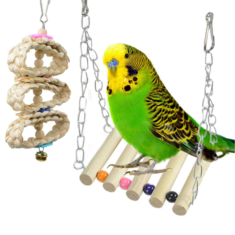 aleawol 8 Pcs Bird Cage Toys Parrot Toys Parrot Chewing Toys Parrot Swing Perch Natural Wood Hanging Swing Bridge Ladders Ball Bell Bird Toys for Budgie Cockatiel Finches Parakeets Macaws Love Birds Multi Multi-colored-1 - PawsPlanet Australia