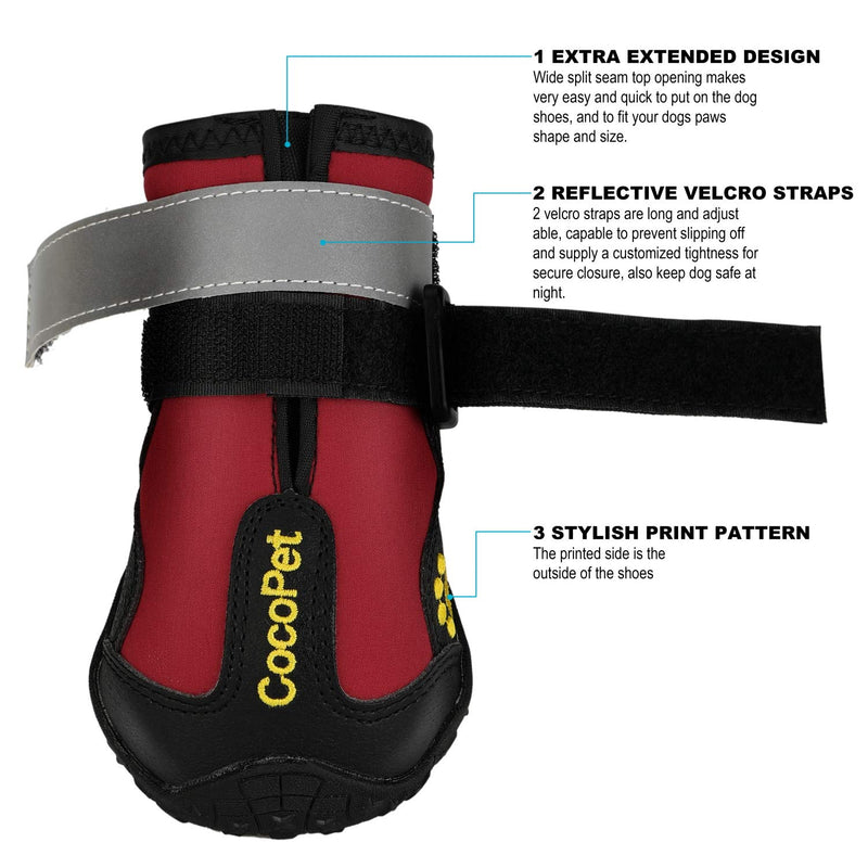 COCOPET Waterproof Dog Boots for Medium Large Dogs with Safe Reflective Velcro Rugged Anti-Slip,Running Dog Shoes for Paw Protection 4 PCS SIZE 5:2.7"×2.2"(L*W) - PawsPlanet Australia
