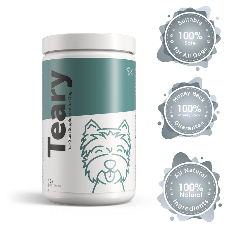 TEARY Natural Tear Stain Supplement for Dogs – Helps to Lubricate Mucous Membranes to Help with Eye Tear Stains; 65 Soft Meaty Chews with Cranberry, Oregon Grape Root, Marshmallow Root, and Eyebright - PawsPlanet Australia