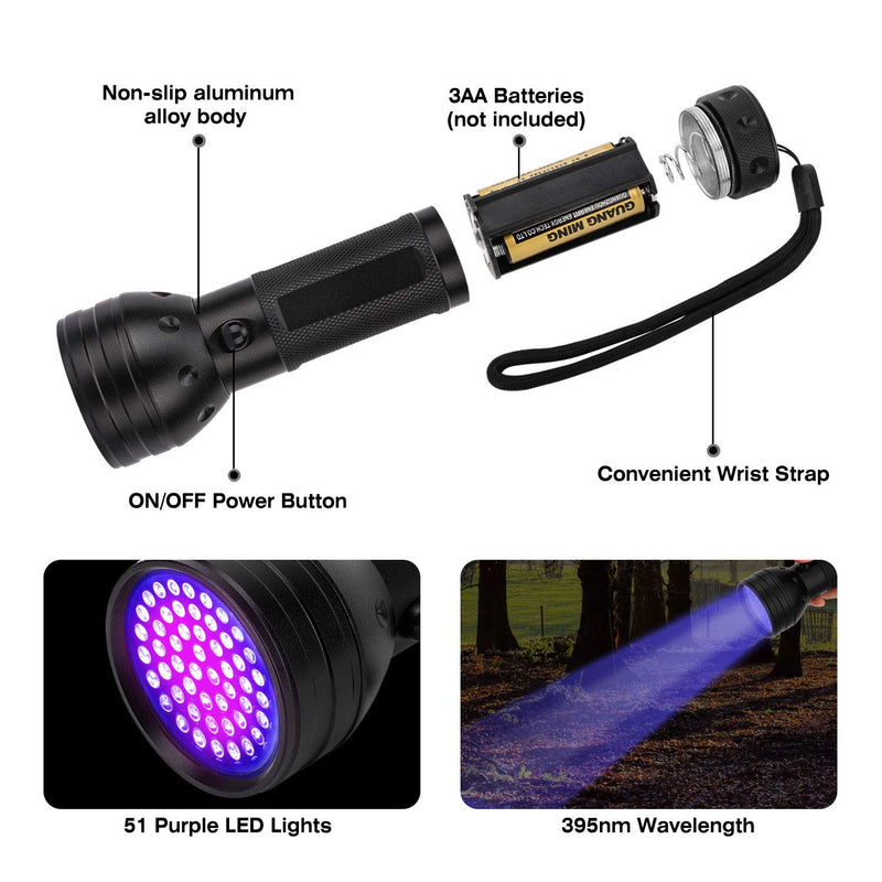 [Australia] - VavoPaw UV Blacklight Flashlight, 51 LED Ultraviolet 397nm UV Hand-held Pet Urine Currency Detector Stains Bed Bug Detective Torch UV Protecting Glasses Included - Black 