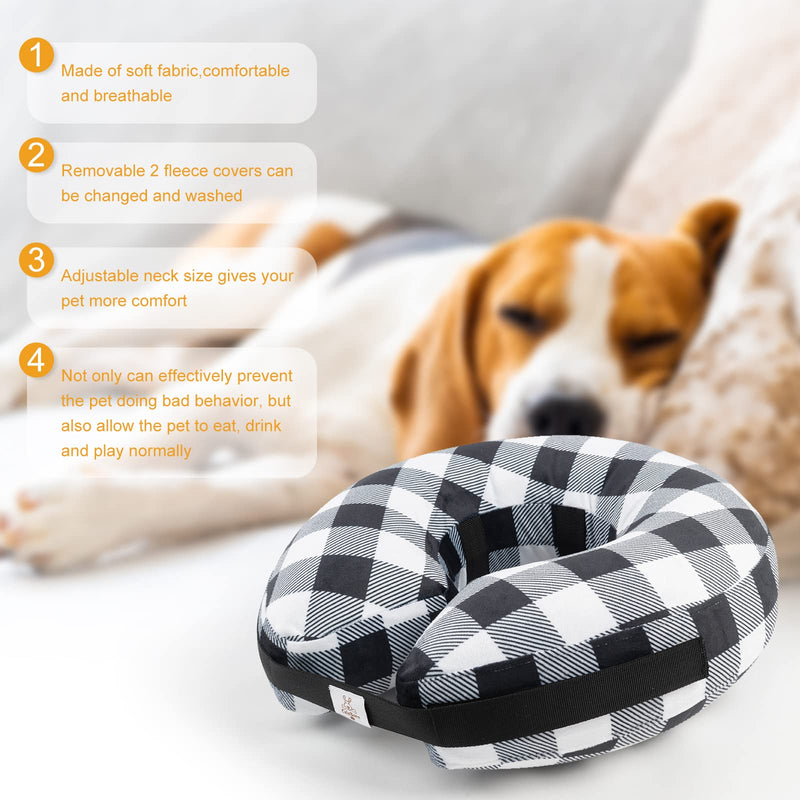 CuteBone Protective Inflatable Collar with 2-Pack Soft Pet Recovery Cone Covers for Small/Medium/Large Dogs and Cats After Surgery Black white plaid+Blue Large - PawsPlanet Australia