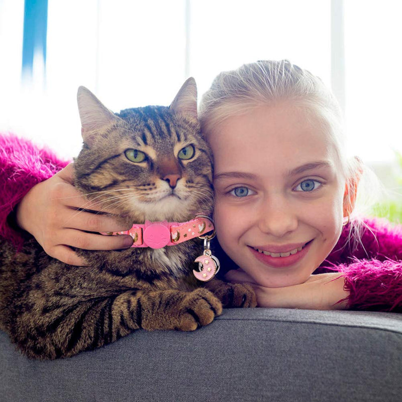 [Australia] - 2PCS Breakaway Cats Collars with Bell Moons Stars Adjustable Kitten Collars with Pendant Glow in The Dark Pink+Black 