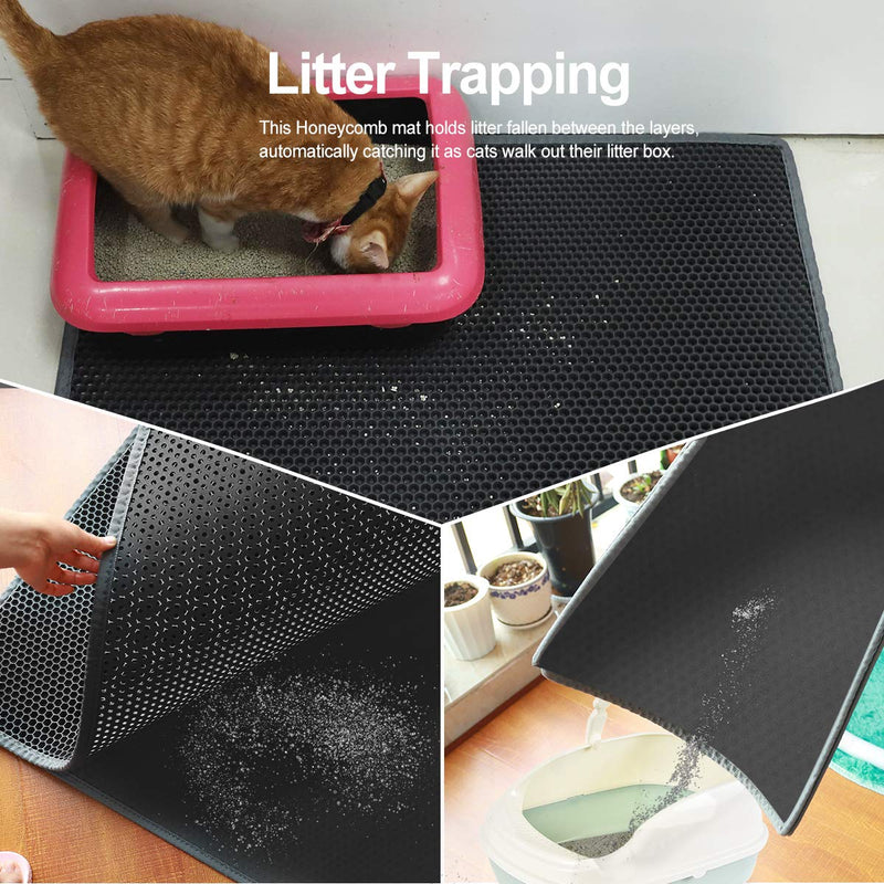 Waretary Cat Litter Mat 36"x 30", Kitty Pretty Litter Box Trapping Mat, Extra Large XL Honeycomb Double Scatter Control Layer Mat, Urine & Waterproof, Washable, Easy Clean, Phthalate Free (Black) Black 36"x 30" - PawsPlanet Australia