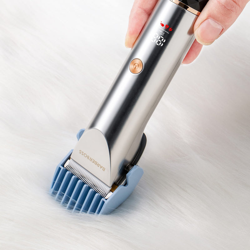 BarberBoss QR-9081 Low Noise Pet Grooming Kit with 2 Speed Settings, Ceramic Blades, USB Charging, LED Display and 8 Comb Attachments - PawsPlanet Australia