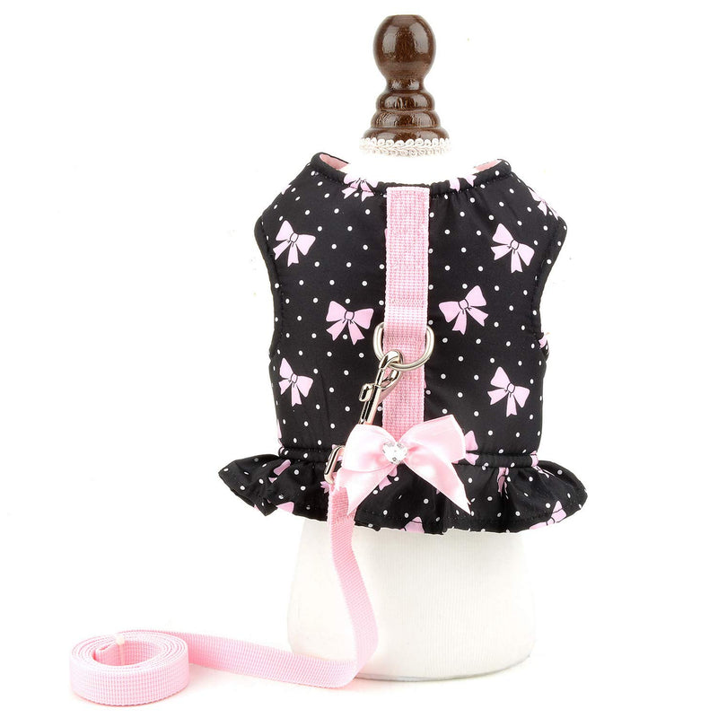 SMALLLEE_LUCKY_STORE Bow Flower Print Cat and Small Dog Harness Dress with Leash for Girls Adjustable No Pull Escape Proof Soft Walking Jacket Waterproof Puppies Kitten Harness Vest Outdoor XS(chest 12-13.5") black bows - PawsPlanet Australia