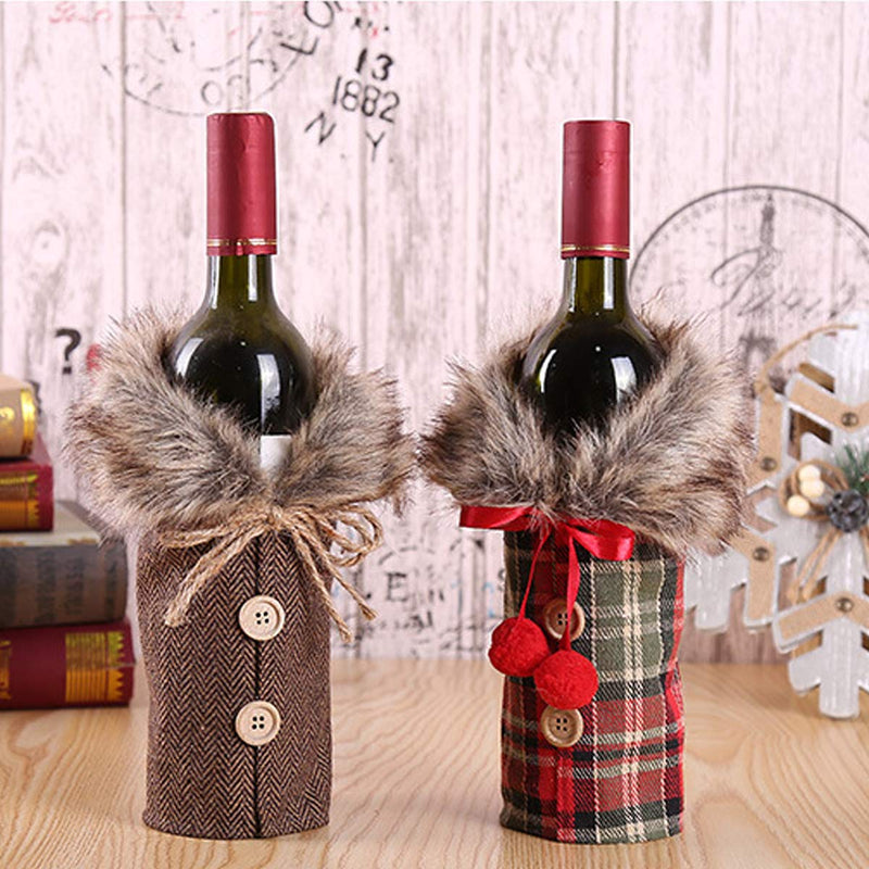 DTDR 4 Pieces Christmas Wine Bottle Covers Sweater Linen Plaid Wine Bottle Dress Clothes Wine Bottle Bags with Faux Fur Collar And Button Coat Design for Xmas Party Decorations - PawsPlanet Australia