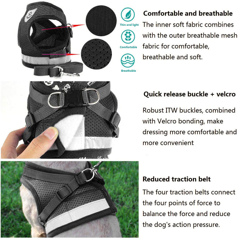 [Australia] - YujueShop Cat Harness and Leash Pet Vest Small Dog Harness Escape Proof Reflective Re-Adjustable Walking Soft Mesh with Pet Leash for Cats Puppies Pets XS 21-26.5cm/8.3-10.4in Black 