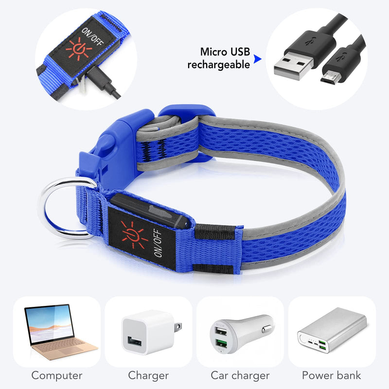 Bpawser Light Up Dog Collars LED Dog Collar Rechargeable Adjustable Size MESH Webbing Glow Collar for Large Medium Dogs Medium[13.39-19.69 inch/34-50 cm] Blue - PawsPlanet Australia