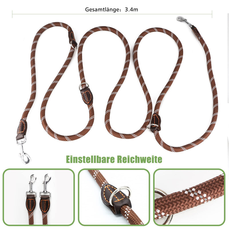 Dog leash for large and medium dogs - Adjustable double nylon leash with 2 snap hooks and 3 rings - 3m x 15mm - Brown - PawsPlanet Australia